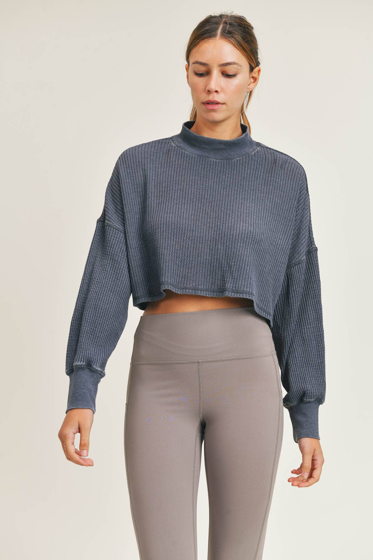 Waffled Cropped Mock Top