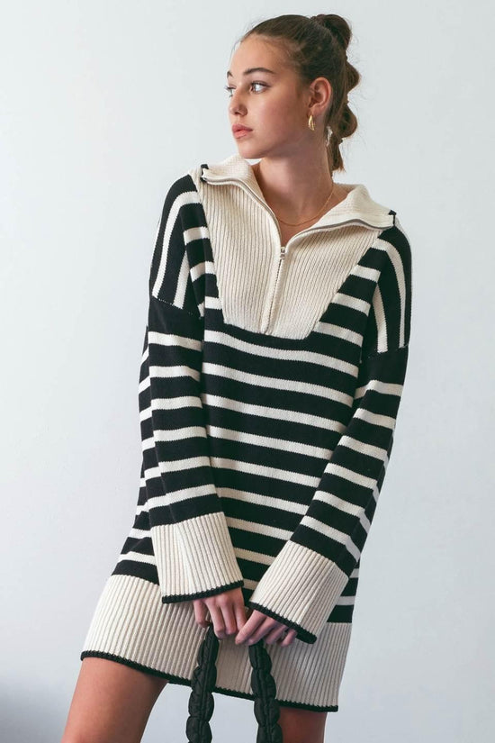 Striped Collared Knit Sweater Dress - HERS