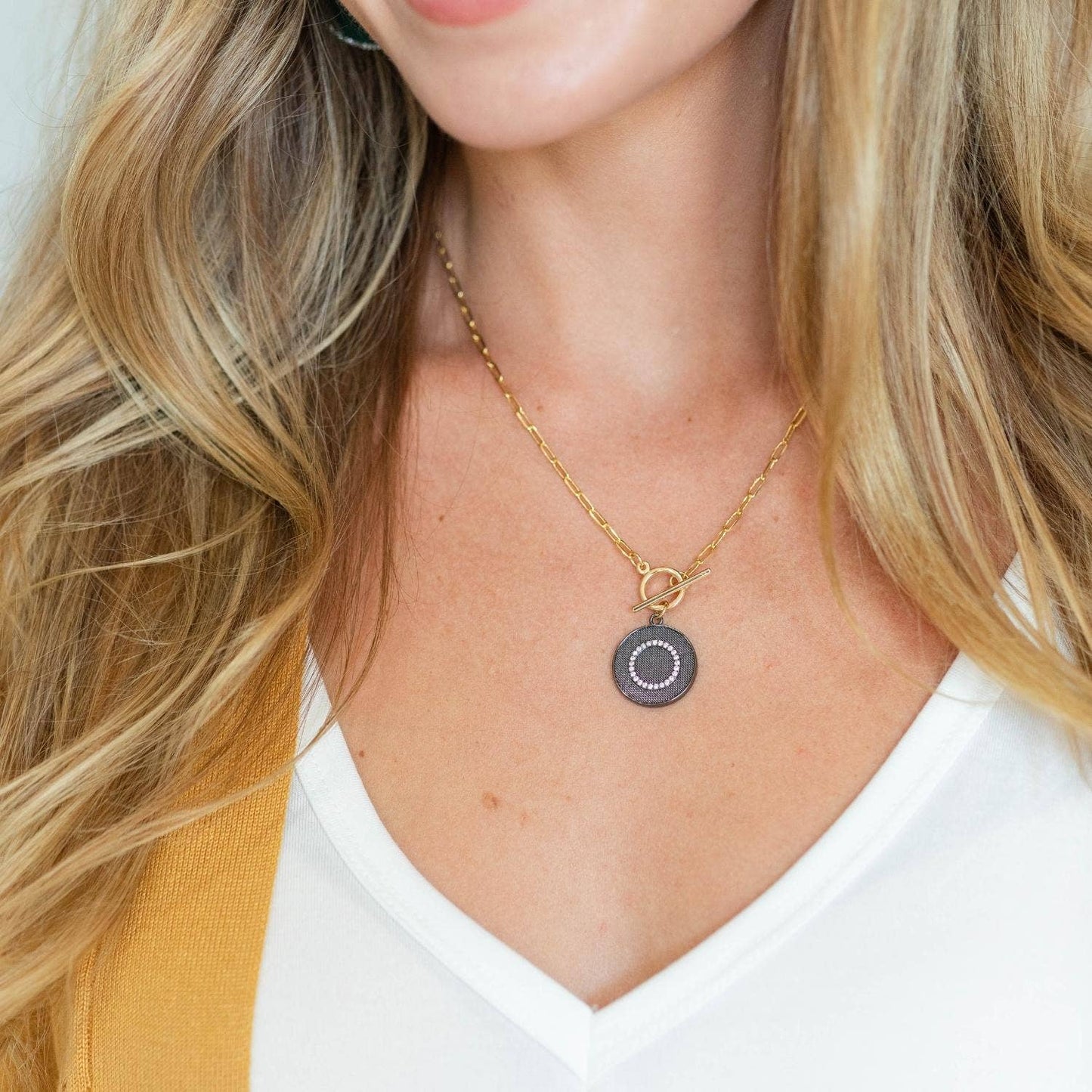 Pave Accented Circle Paperclip Toggle Necklace
