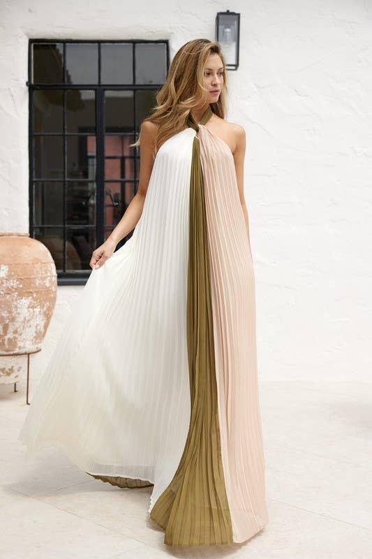 Halter Color Block Pleated Maxi