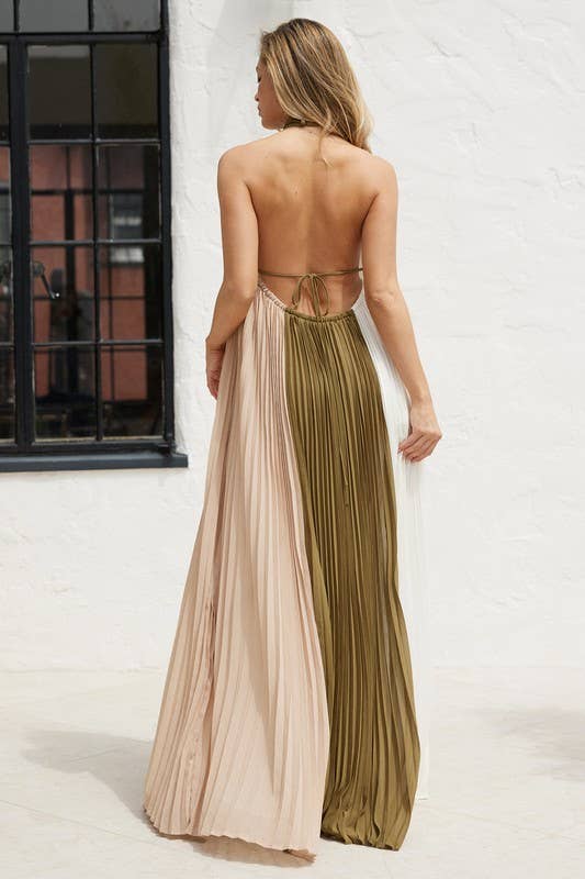 Halter Color Block Pleated Maxi