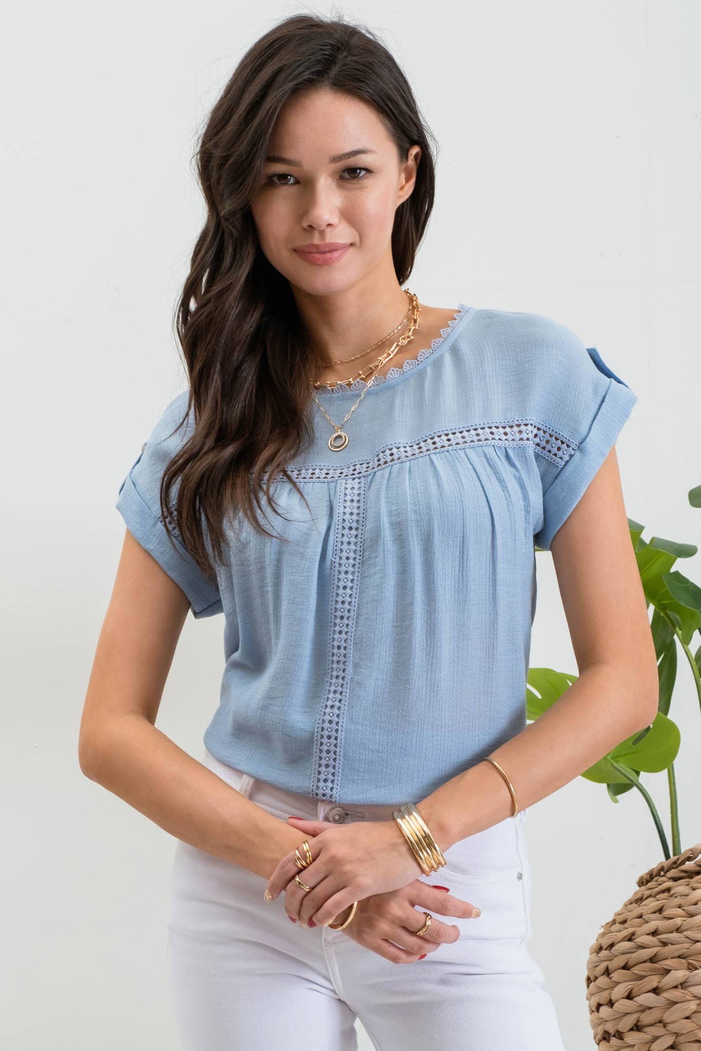 Lace trim roll sleeve top