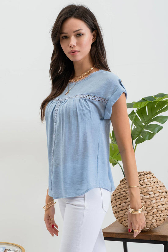 Lace trim roll sleeve top