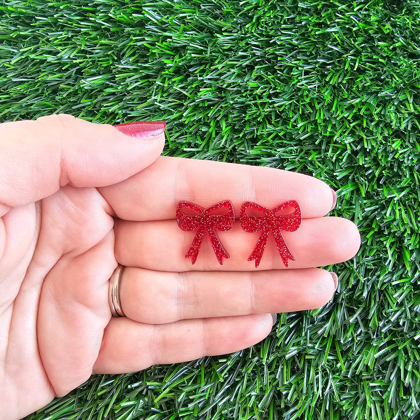 Bow Studs - Red Glitter Game Day