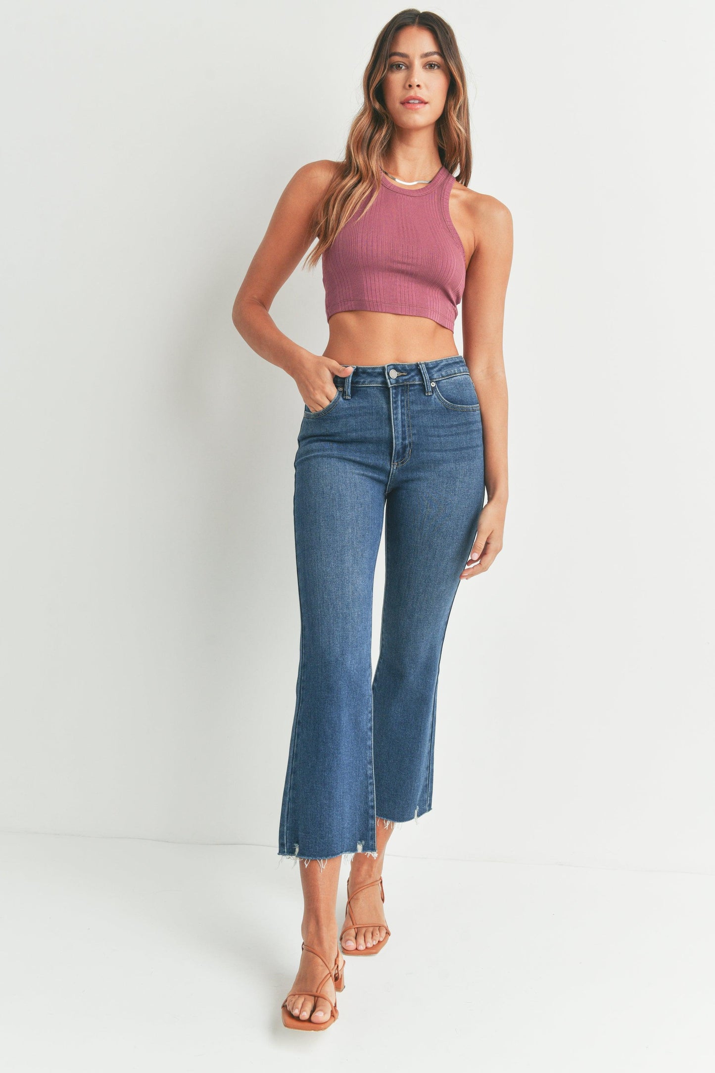 Load image into Gallery viewer, Just Black Denim Crop flare with distress hem - HERS

