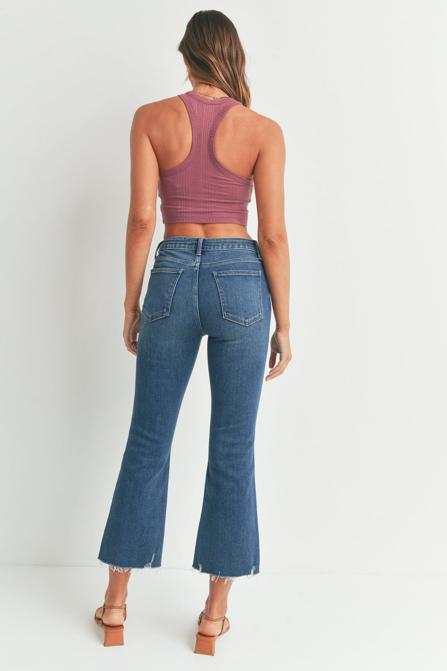 Load image into Gallery viewer, Just Black Denim Crop flare with distress hem - HERS
