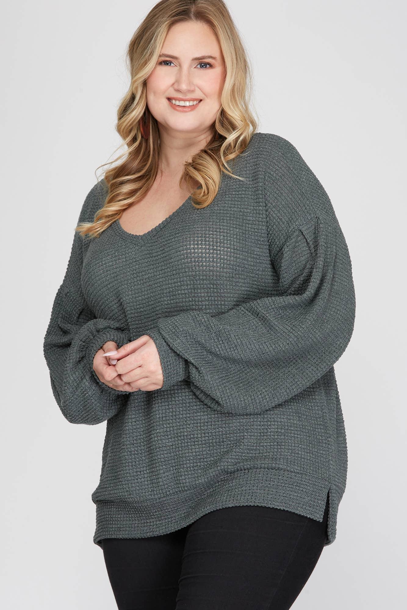Curvy Long Sleeve Thermal Knit Top - HERS