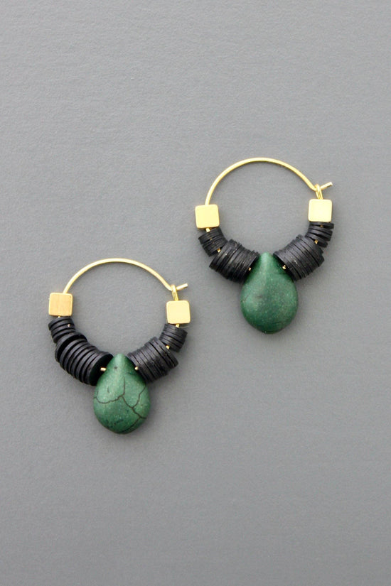 Brass, Vulcanite & Magnesite Teardrop Earrings (FERE01) - HERS