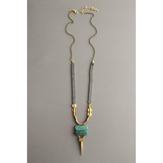 Geometric Brass Spike, Hematite & Turquoise Necklace (XIN731) - HERS