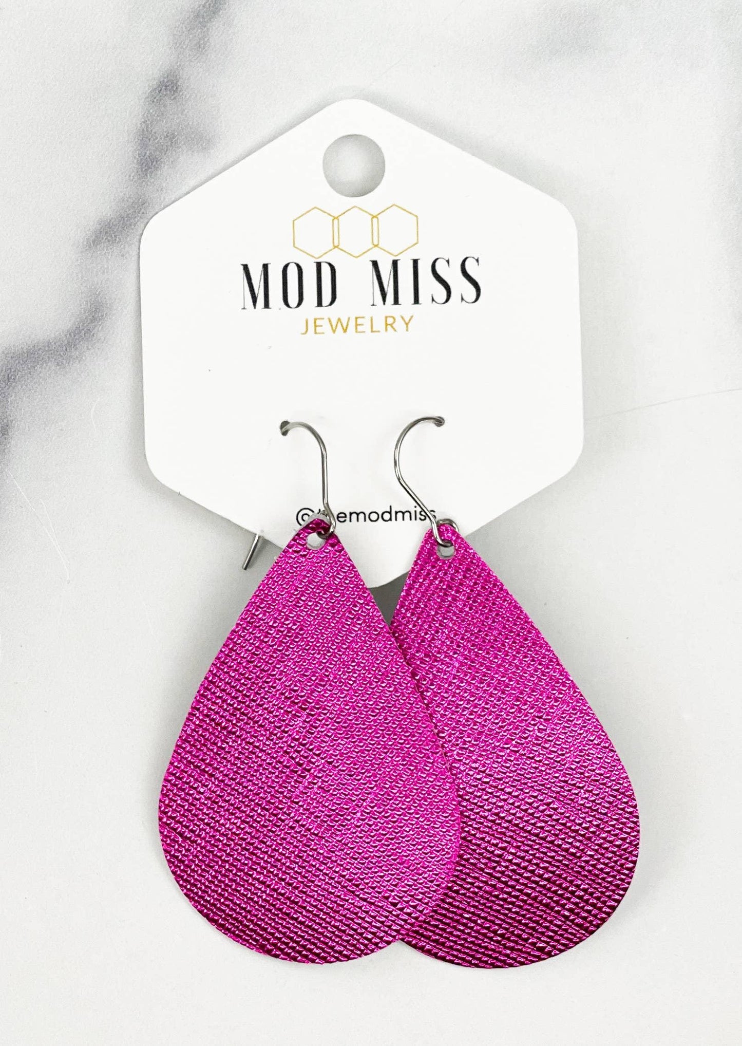 Leather Teardrop Earring "Saffiano Metallic Pink" - HERS